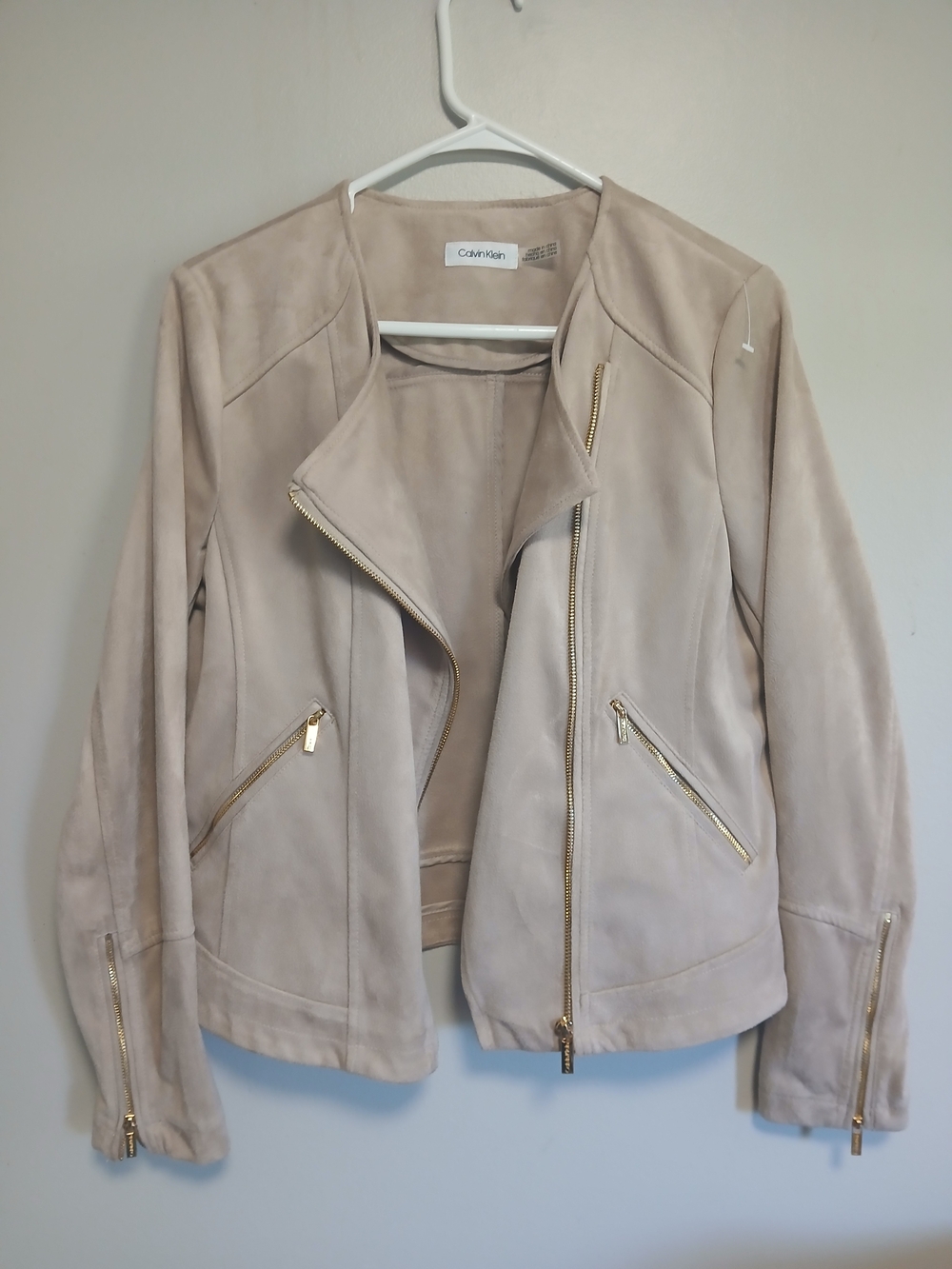 Calvin Klein Beige Suede Moto Jacket with Gold Hardware